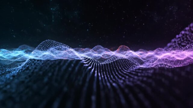 Abstract digital particle wave visualization with blue and purple gradients, shallow depth of field, floating micro-particles, and flowing light data patterns on dark background.