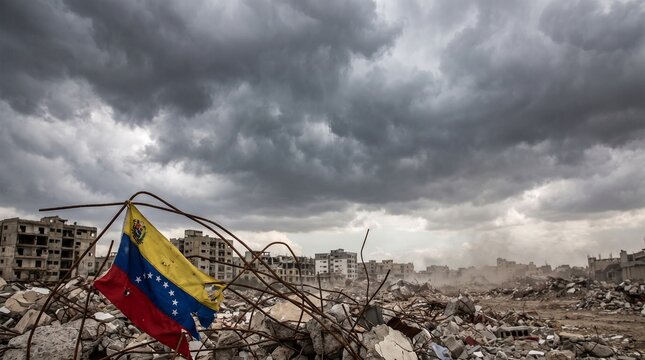 Venezuelan flag leaning in ruins under heavy storm sky with rain clouds over destroyed city Aftermath of severe earthquake catastrophe. National tragedy and humanitarian crisis in disaster zone.