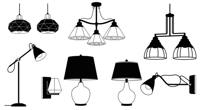 Collection of modern interior lighting fixtures and lamps illustration