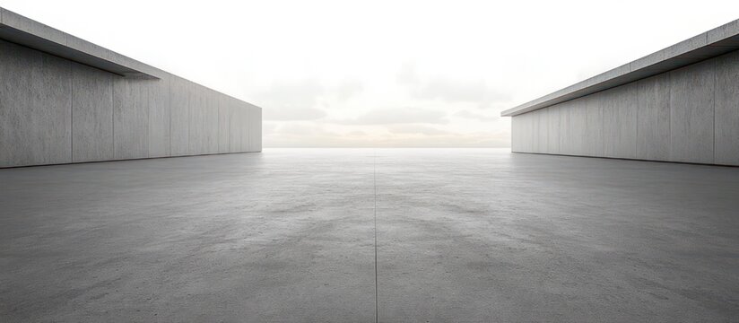 empty concrete plaza flanked by two low parallel structures, minimalist symmetry and serene horizon under a soft cloudy sky