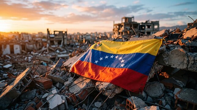Venezuelan flag lying on collapsed concrete debris from destroyed building. Aftermath of severe earthquake catastrophe. National tragedy and humanitarian crisis in disaster zone.