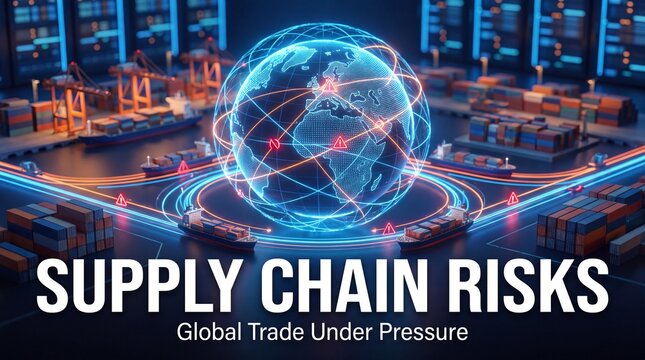 Global supply chain risks with a glowing blue globe surrounded by cargo ships and containers under pressure with warning signs and neon lines