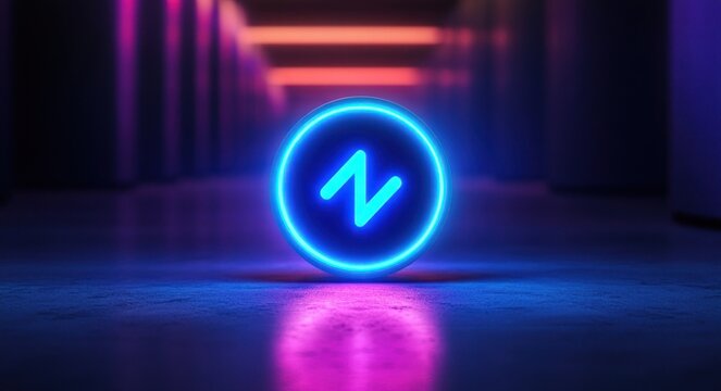 Glowing neon blue circular token with a stylized zigzag symbol on a reflective floor in a dark futuristic corridor framed by purple and orange lights, evoking mystery and tech wonder