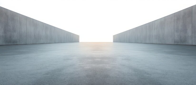 Minimal concrete plaza with two long parallel walls, empty textured floor and bright open horizon evoking calm solitude and contemplative stillness