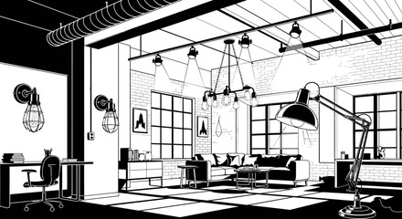 Modern loft interior design with industrial elements and ambient lighting © Tembak