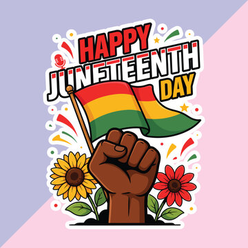 Happy Juneteenth Day Raised Fist with Pan-African Flag Sticker Vector Illustration