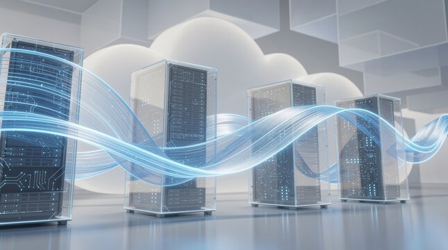 Modern Servers and Data Flowing Through Digital Cloud Network