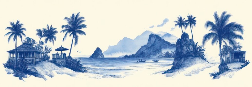 tranquil tropical seascape with palm trees, thatched huts, umbrellas and gazebos on a sandy shore, small boat near rocky headlands and distant mountains in a calm blue ink panorama
