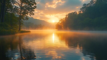 Obraz premium Sunrise over misty lake water