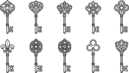 Vintage Ornate Skeleton Key Vector Icon Set with Crown Heart Fleur de Lis and Celtic Knot Designs for Fantasy and Mystery Layouts © EdGe Creative