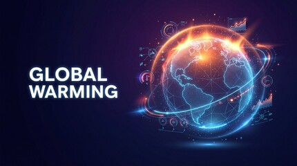 Obraz premium Global warming concept with a glowing blue and orange earth surrounded by graphs and charts on a dark background with a sense of urgency and warning signs