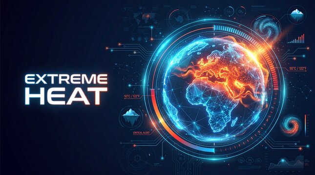 Extreme heat global climate change concept with a glowing earth map showing rising temperatures and critical alerts in a futuristic digital illustration