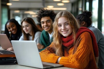 Obraz premium Group of young adults studying intently on laptops in a bright study hall, focused woman in an orange sweater and red scarf among collaborative peers