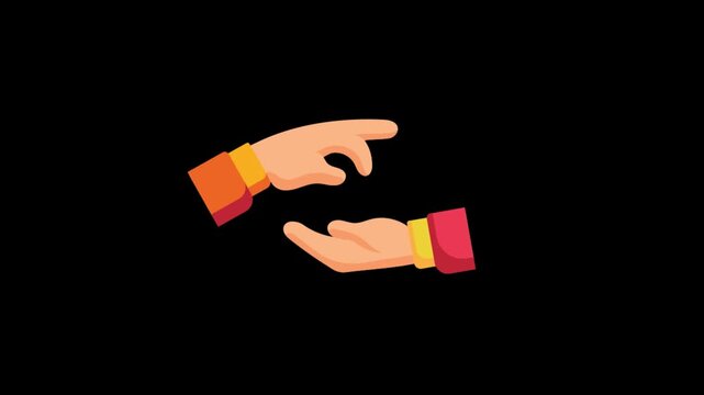 Hands passing a golden dollar coin in a smooth digital animation video showing financial exchange and investment growth with vibrant flat vector design elements on a solid deep black background.