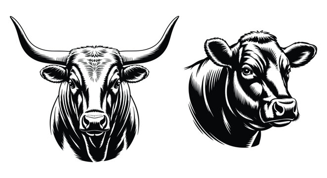 Bull Cow Head Vector Set, Texas Longhorn Bull Head, Western Cattle Illustration, Detailed Cattle Head for Ranch Logo Farm and Apparel Design