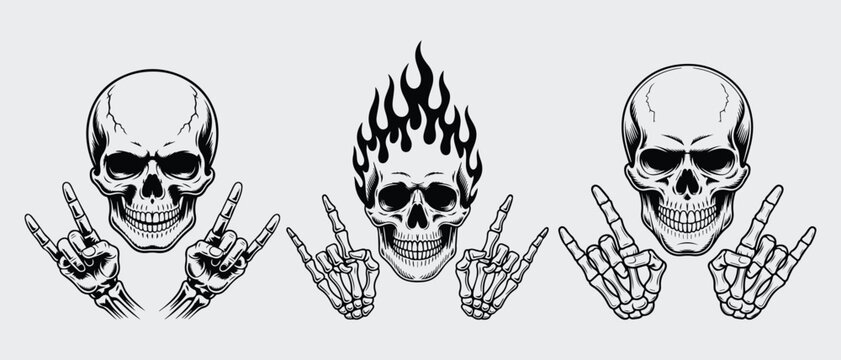 Skull Rock Hand Sign Vector Set, Skeleton Heads with Flame and Bone Hands, Rock and Roll Skull, Heavy Metal Skull
