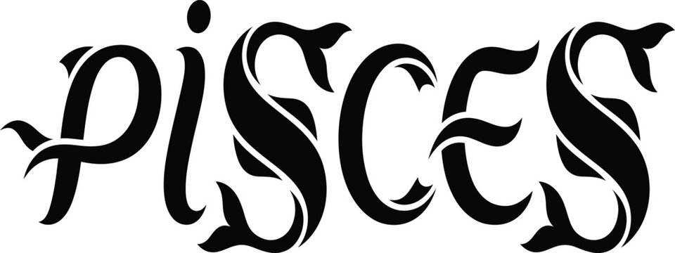 Pisces typography design features an elegant stylized script representing the zodiac star sign.