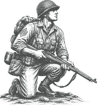 Vintage Kneeling Soldier Engraving Vector | Military Infantry Antique Hand Drawn Illustration