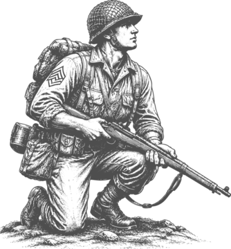 Vintage Kneeling Soldier Engraving Vector | Military Infantry Antique Hand Drawn Illustration