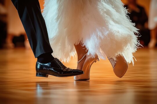 close-up of ballroom dancers' feet in polished black dress shoes and beige high heels under a white feathered gown, graceful elegant movement on a warm wooden dance floor, romantic mood