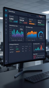 Computer monitor displaying system monitoring dashboard in office