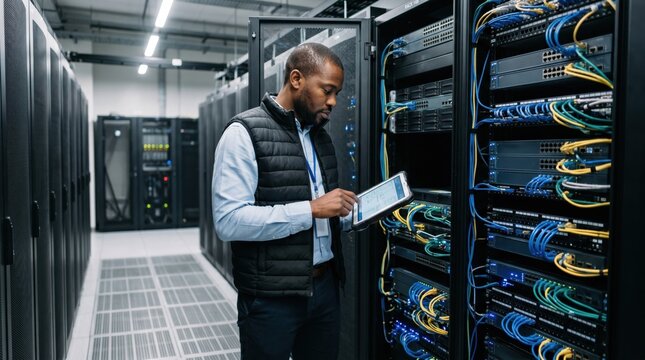 Black male IT technician using a digital tablet to inspect and monitor network server racks in a modern data center, managing mainframe system infrastructure and database hardware solutions.