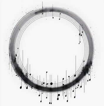 monochrome circular music staff ring with hanging and dripping musical notes, ink splatters and vertical stems around an empty center, minimalist and contemplative rhythm