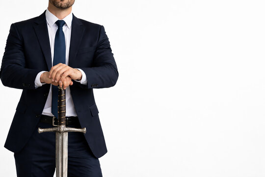 Confident businessman in a formal suit standing with both hands resting on the pommel of a medieval sword.