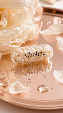 Capsule containing choline placed on a shiny surface with rose petals and droplets in a soft setting during daytime