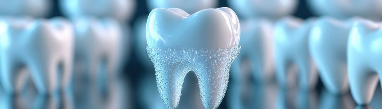 close-up shiny molar tooth surrounded by tiny sparkling cleansing bubbles with blurred teeth in a soft blue background conveying freshness and clinical cleanliness