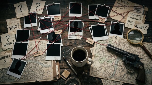 Top-down view of a classic detective's desk with connected suspect photos, old maps, a vintage revolver, coffee, and a magnifying glass for an intense, unsolved crime investigation.