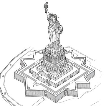Detailed Line Drawing of the Statue of Liberty on Star Fort Pedestal, Architectural Illustration