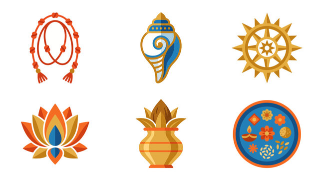 Anant Chaturdashi Icon Set with Sacred Thread, Lord Vishnu Conch, Chakra, Lotus, Kalash and Offering Plate, Orange and Gold Flat Vector Symbols
