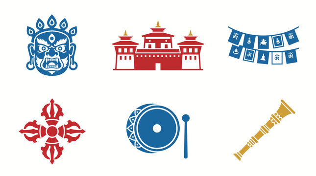 Bhutan Tshechu festival flat vector icon set featuring cham dance mask monastery prayer flags vajra ceremonial drum and long trumpet in blue red and gold