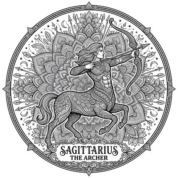 Sagittarius The Archer Zodiac Mandala Centaur Illustration Black And White Line Art Decorative Astrology