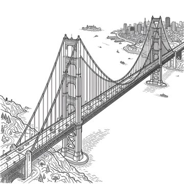 Golden Gate Bridge Illustration Over San Francisco Bay With City Skyline And Suspension Detail