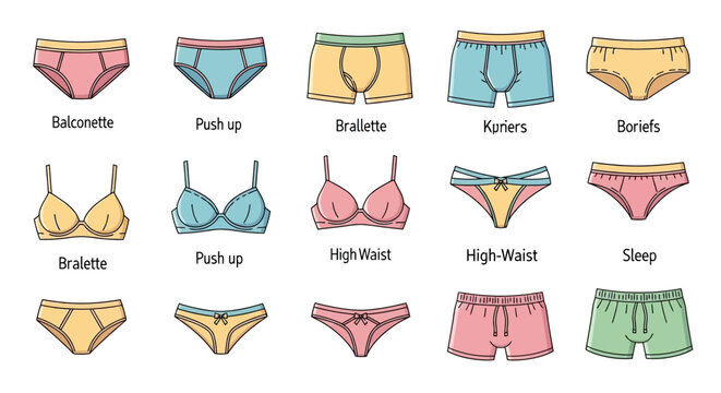Collection of hand drawn underwear and lingerie icons including bras panties and boxers with text labels.