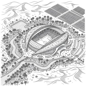 Futuristic Soccer Stadium Arena in Desert Landscape With Solar Panels and Waterfront Promenade