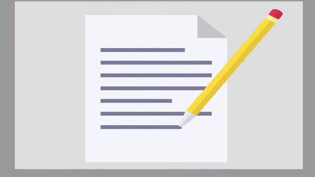 Yellow Pencil Writing on White Document Page Paper, Copywriting Contract Agreement or Education Concept, 2D Minimalist Animation