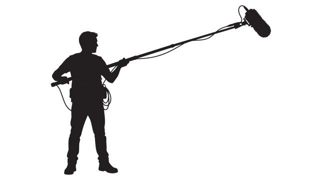 Sound recordist with boom microphone black silhouette