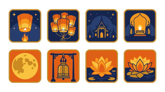 Yi Peng Festival Flat Vector Icon Set Featuring Sky Lanterns, Temple Silhouette, Full Moon, Buddhist Bell, and Lotus Flower in Gold and Navy Palette