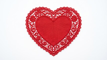 Obraz premium Elegant vibrant red lace heart doily with intricate floral patterns, ideal for Valentine's Day, romantic wedding invitations, anniversary cards, and heartfelt love designs on a clean white