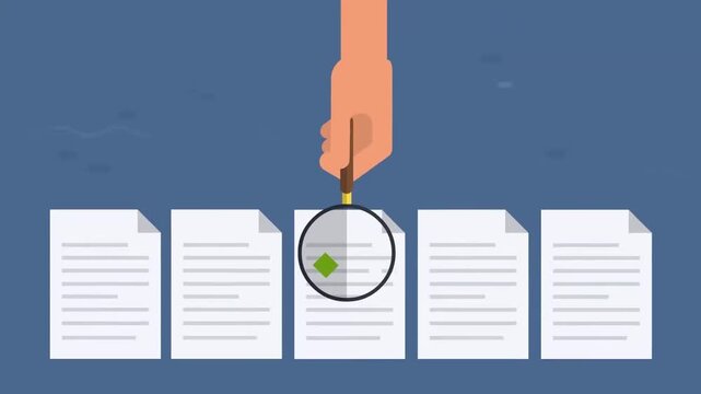 Hand Holding Magnifying Glass Auditing Paper Documents on Blue Background, File Inspection or Search Concept, 2D Animation Loop