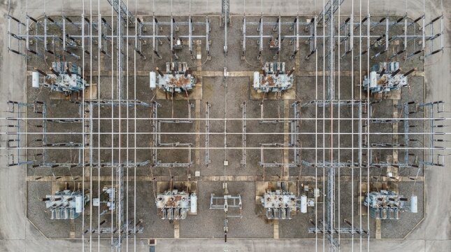 Detailed aerial of electrical substation with transformers and busbars