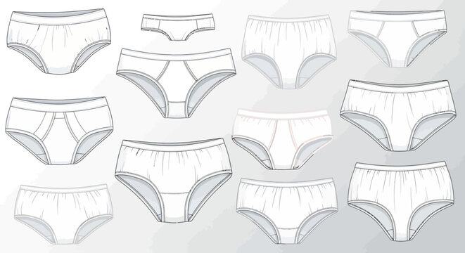 Collection of mens underwear briefs technical sketch templates for fashion design.