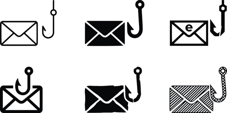 Email phishing hook icon set showing cyber scam bait message security warning and suspicious mail protection concepts in black vector style