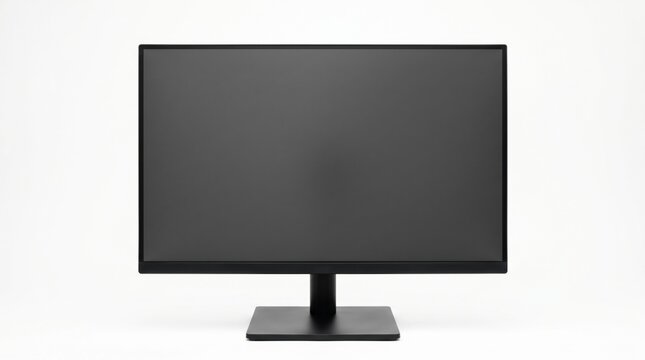 Sleek black computer monitor with a blank dark screen on a clean white background, perfect for technology mockups, digital display, office setups, and modern workspace design elements, isolated