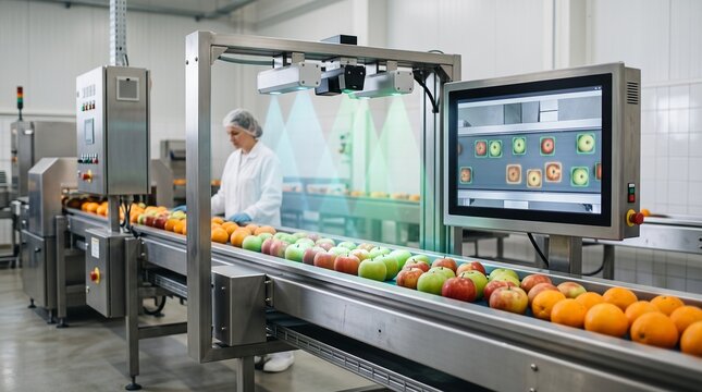 Automated fruit inspection station using optical sensors on industrial food processing conveyor belt line with conveyor industrial automation inspection processing production technology