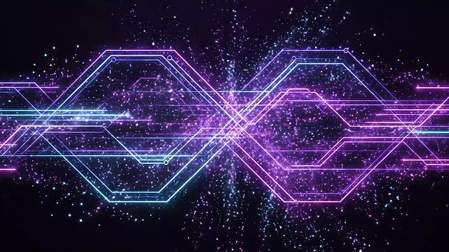 Glowing neon geometric lines animate over a cosmic star field futuristic technology background