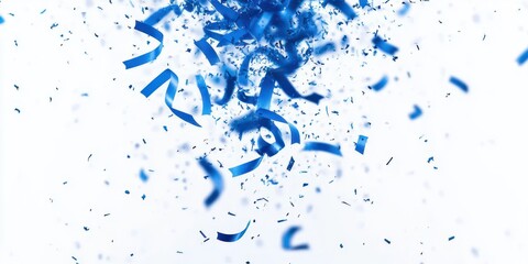 Naklejka premium blue paper confetti and curling ribbons bursting midair on white background with energetic celebratory mood